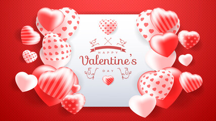 Happy Valentine's Day banner. Holiday background design with heart made of pink and red balloon. Horizontal poster, flyer, greeting card, header for website