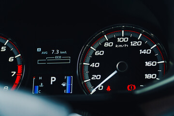 Fototapeta premium Modern car instrument panel dashboard - car speedometer for speed.