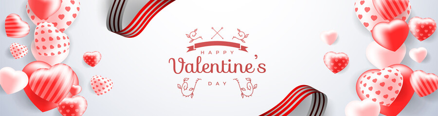 Happy Valentine's Day banner. Holiday background design with heart made of pink and red balloon. Horizontal poster, flyer, greeting card, header for website