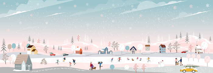 Winter landscape at night with people having fun doing outdoor activities on new year,Vector city landscape on Christmas holidays with people celebration, kid playing ice skates, teenagers skiing