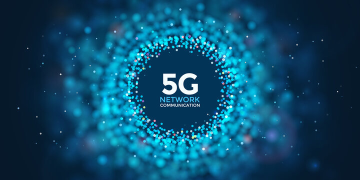 5g abstract vector web banner. Fifth generation wireless mobile telecommunication service concept. Social network. Blur dots on dark blue background