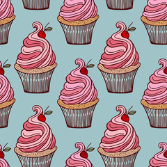 Cupcake pattern with cherries on turquoise background.