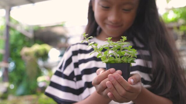 Asian kid girl smiling with little tree pot holding in hand, Environment and global care conservation concept
