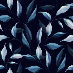 Indigo Watercolor seamless pattern with tree, branches, palm leaves, forest plants and leaf on navy blue background. Exotic tropical wallpaper. Hand drawn artistic design for wrappers, fabric, cards.