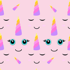 flat vector illustration pattern of cute faces of unicorns. big eyes and a multicolored horn. magic character. pink background	