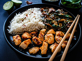 Chicken nuggets with white rice and oyster mushrooms  on wooden table