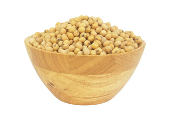 Soybeans in wooden bowl isolated on white background