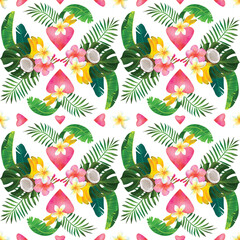 Fototapeta na wymiar Tropical seamless pattern with bouquet of monstera leaves, hibiscus, plumeria, coconut, banana, heart. Fashionable plant illustration. Summer background. It's perfect for textile and wrapping paper.