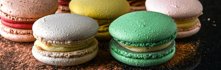 Healthy organic energy sweet. Macaron cakes in a dark key. Horizontal photo banner for website header design