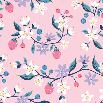 Seamless repeated surface vector pattern design with strawberries and blueberries and little white and purple flowers on branches on a pink background 