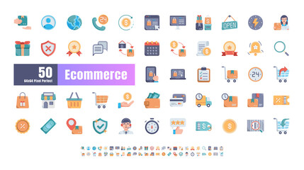 Fototapeta premium 64x64 Pixel Perfect of Ecommerce Online Shopping Delivery. Flat Color Icons Vector. for Website, Application, Printing, Document, Poster Design, etc.