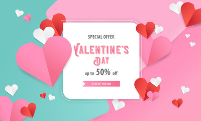 Illustration of love and valentine's day concept with the paper cut of heart pattern and white frame. Vector cute template wallpaper, flyers, invitation, posters, brochure, banners. 