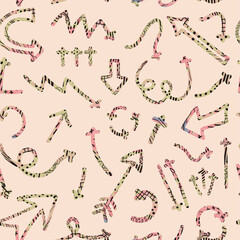 Vector seamless pattern with colorful abstract illustrations of hand drawn arrows and direction pointers. Can be used for wallpaper, surface texture, textile print, wrapping paper, design presentation