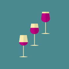wine glasses with poured red wine, three different pouring concept, vector designed in flat