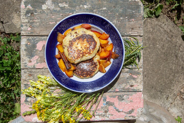 Homemade pancakes with hibiscus petals and flax seeds