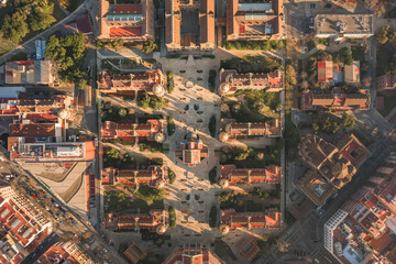Aerial overhead drone shot of building in Barcelona in morning