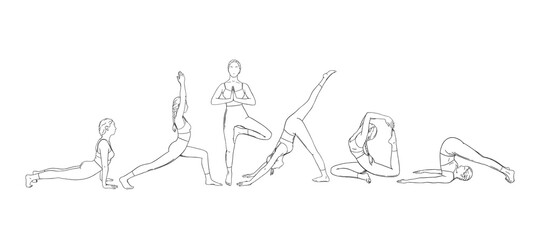 Fototapeta na wymiar Yoga set with asanas. Set of woman exercising yoga illustrations. Hand drawn sketch vector illustration isolated on white background