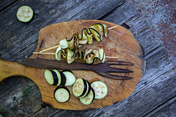 vegetarian veggie skewers - eggplant, zucchini, tomato and onion