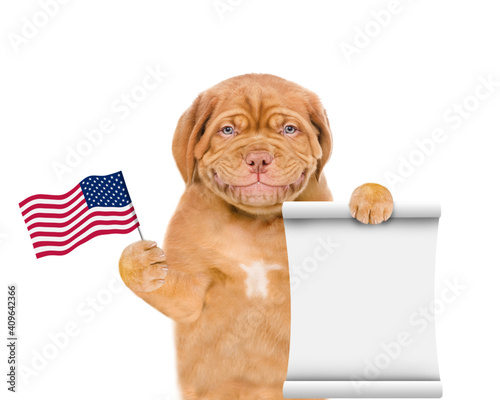 Puppy holding American (USA) flag and empty list in it paws. isolated on white background