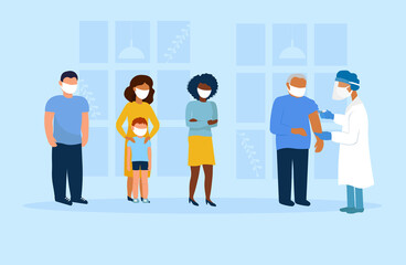 queue of different people for vaccination against coronavirus. The concept of protecting the population from a global pandemic. A doctor with a syringe in hand, glove and mask, gives an injection. 