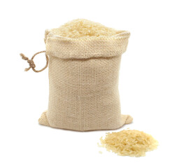Yellow rice in burlap bag isolated on white background. A handful of rice near the bag. Close-up.