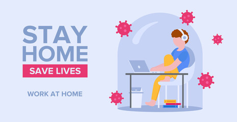 Self-isolation concept. Remote work online in quarantine. A call to stay home and keep life. The man works at home under the dome to protect himself from the virus. It can be used in web banner.