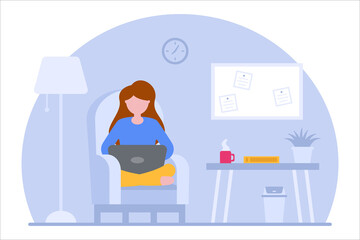 Vector concept of work at home. Freelance girl works on laptop while sitting on an armchair. Remote work online at home in quarantine. Learning concept. Coworking space flat illustration. Covid-19.