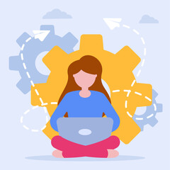 Vector concept of work at home. A freelance girl sits in a lotus position and works at a laptop against the background of gears. Remote work in the network, at home in quarantine. Flat illustration.