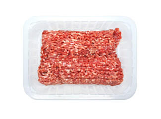 Ground beef in a plastic container isolated on white background. Fresh raw Minced meat from beef. Top view.