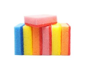 Multi-colored sponges isolated on white background. Set of Foam sponges for washing dishes. Close-up photo.