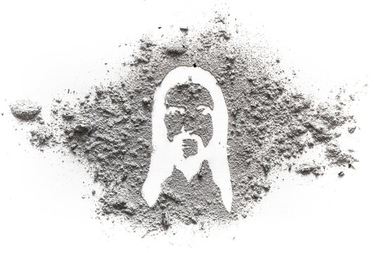 Face And Head Silhouette Drawing Of Jesus Christ Made In Ash Or Dust As Ash Wednesday, Lent Or Easter Concept, Christian Religion Symbol And Suffering Of God