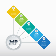 5-steps Business presentation concept. Infographic of technology or education process with five options. Web Template of a sales pipeline, purchase funnel, sales funnel.