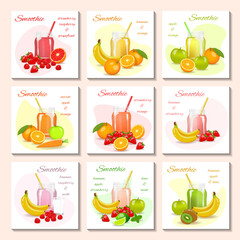 Set of Smoothies. Fresh fruits and berries. Fresh fruits, healthy food, detox, vegan concept. Vector illustration for poster, banner, advertising.