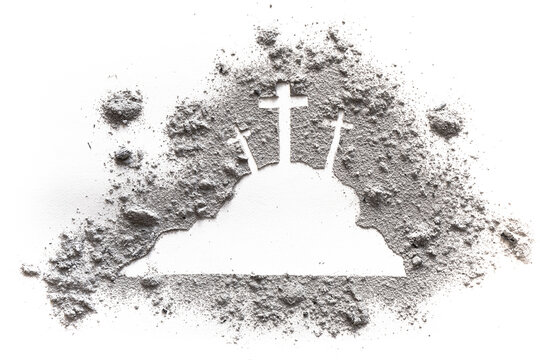 Golgotha hill with three cross and calvary of Jesus drawing in ash or dust as Ash wednesday, Lent, easter or Good friday concept, Way of the croos