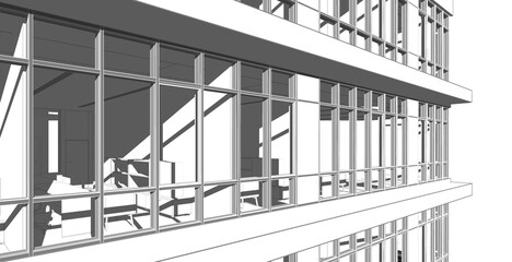 Partial 3d illustration of a modern office building's elevation.  Close up from a corner office floor with workspace furniture. Perspective scene in grey tones at sunset with deep shadows.