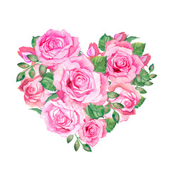 Watercolor illustration of a flower heart, heart with rose flowers, love, valentine, heart 