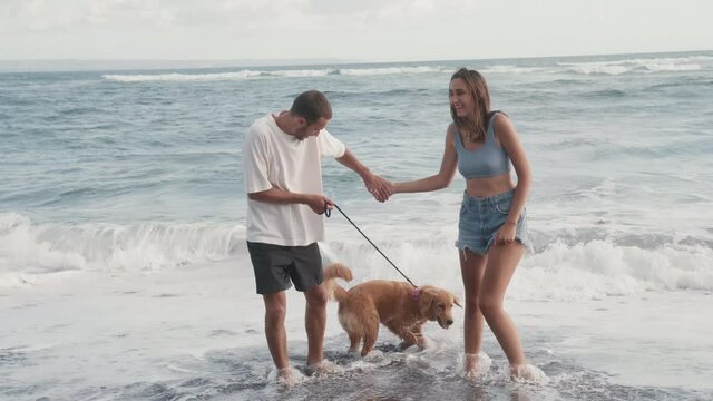Full shot of young romantic couple holding hands and golden retriever dog on leash, standing on sandy beach, wave crushes on shore, making their feet and paws wet, all having fun