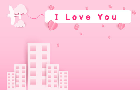 Paper cut elements in shape of heart flying with clouds and city ,plane is dragging the love sign on pink  background. Vector symbols of love for Happy Valentine's Day, birthday greeting card design.