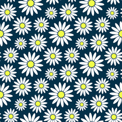 Beautiful colored chamomile flowers isolated on blue background. Cute floral seamless pattern. Vector flat graphic illustration. Texture.