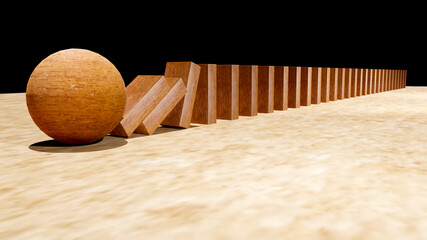 3d illustration dominoes falling after ball knocks first one