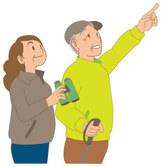 バードウォッチング  シニア夫婦　双眼鏡