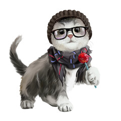 Kitten in a scarf and a hat with a candy in it’s paw