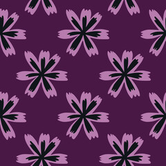 Fototapeta na wymiar Purple colored seamless pattern with hand drawn flower silhouettes. Creative blossom design.