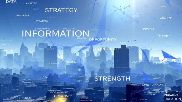 4k urban building and skyscrapers;Swot Analysis word tag cloud.abstract tech geometrical lines nodes with moving triangles and connection dots.
