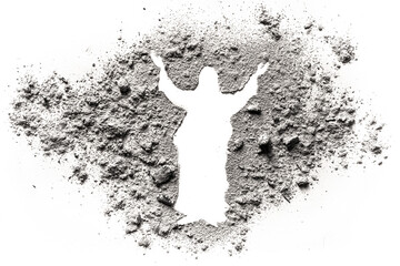 Jesus Christ silhouette drawing made in ash, sand or dust as resurrected God of love with hug hand,...