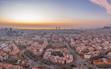Fototapeta na wymiar Aerial drone shot of Barcelona city before sunrise time