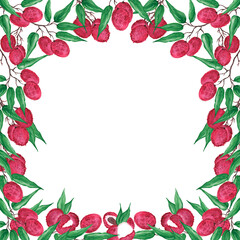 Frame with bright pink round lychee berries on a branch with green leaves on a white background. Watercolor illustration. Template with place for text for invitations and greeting cards.