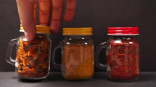dry spices, food products and kitchen utensils in the kitchen. Home kitchen