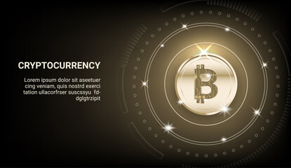 Cryptocurrency banner. Shining coin with money icon and dots with circle shapes on dark background