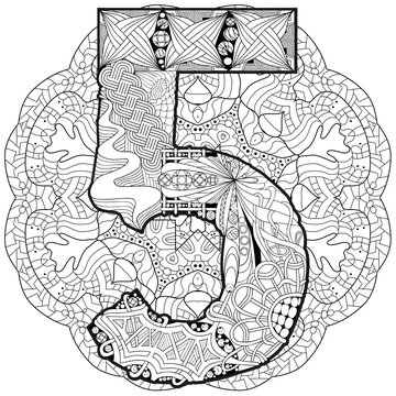 Mandala with numero five for coloring. Vector decorative zentangle